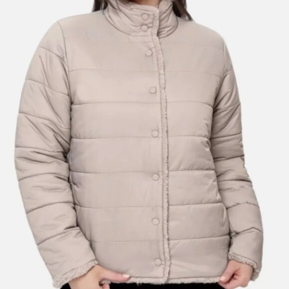 NWT Nicole Miller Reversible Faux Fur Puffer Jacket Tan Size Small - Picture 2 of 16